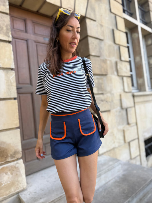 Short Johnny - Short bleu marine fluide à liseré orange