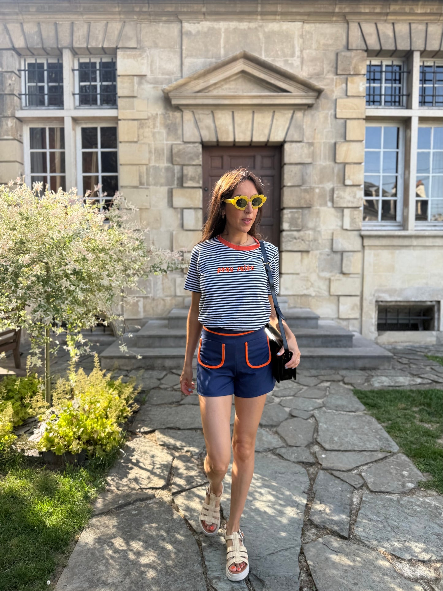 Short Johnny - Short bleu marine fluide à liseré orange